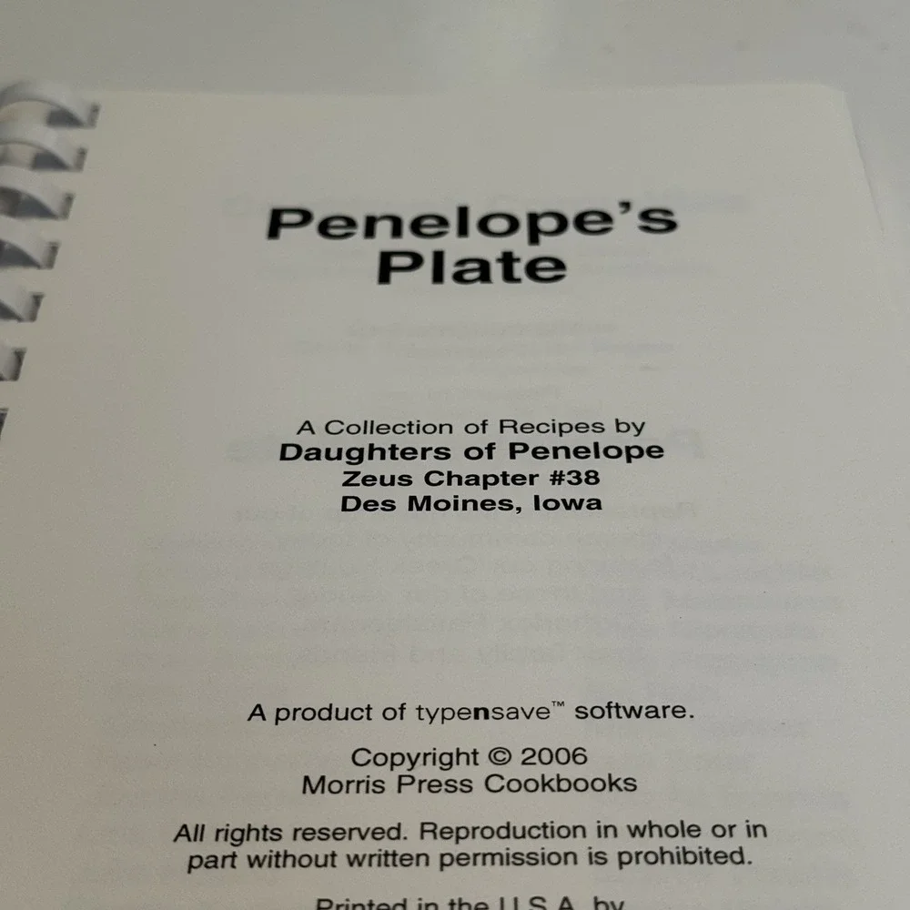 Penelopes Plate Zeus Chapter 38 Des Moines Iowa Cookbook SpiralBound Recipe 2006